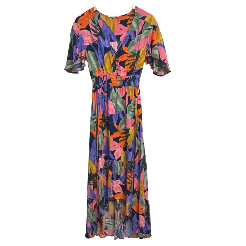 Abel the Label Dress Small Elastic Waist Hi Lo Hem Tropical Spring Wedding Guest